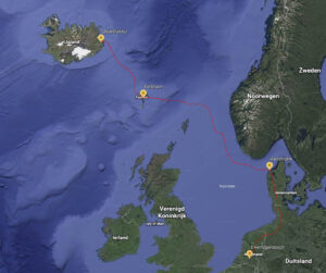 Map of voyage to Iceland