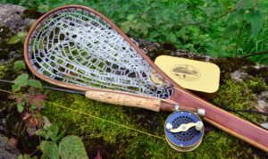 Hardwood custom made net, with Mohlin reel and Wheatley fly box